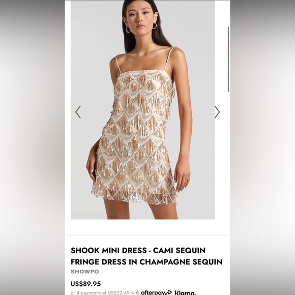 Showpo. | Dresses | Shook Mini Dress Cami Sequinfringe Dress In Champagne  Sequin